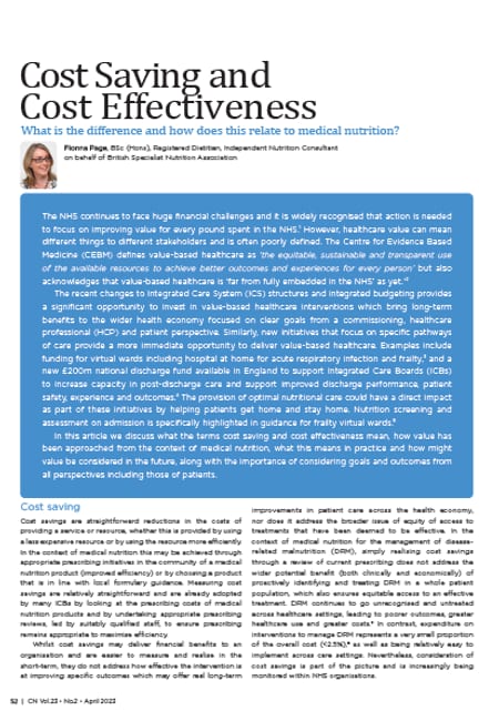 Cost Saving and Cost Effectiveness: What is the difference and how does this relate to medical nutrition?